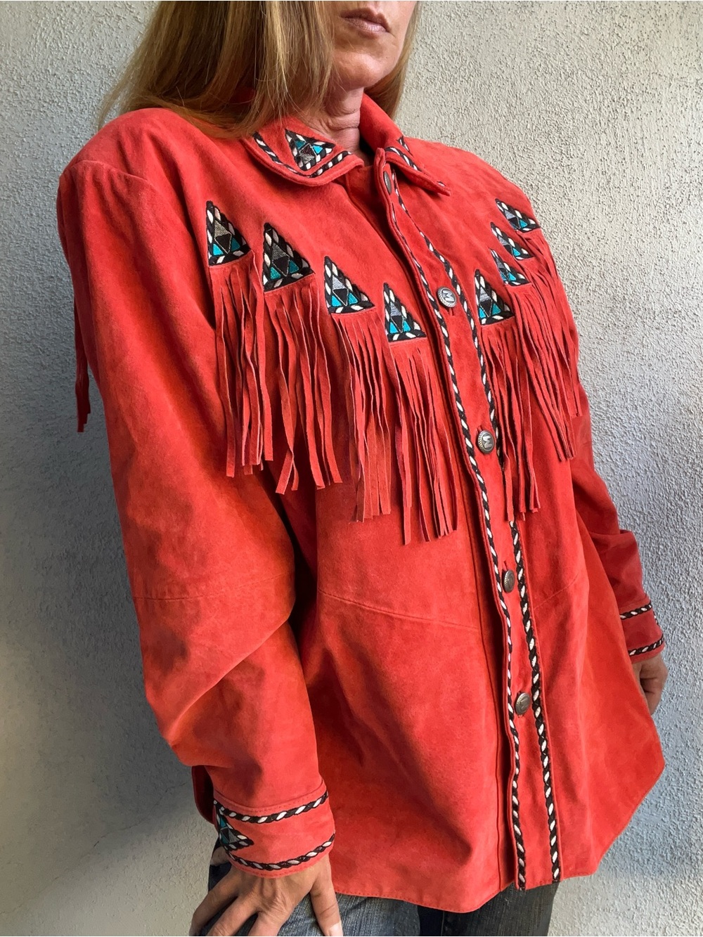 VTG 90s Bob Mackie Wearable Art Orange Suede Fringe Southwestern Jacket XL - Picture 3 of 16
